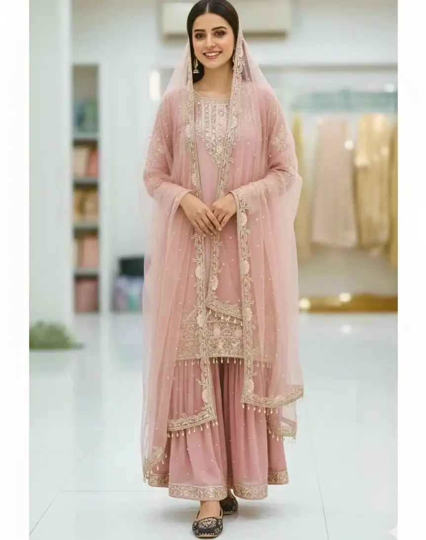 Blush Pink Sequence Work Palazzo Suit Elegant Indian party wear outfit for wedding and festive occasions - Blush Pink Sequence Work Palazzo Suit
