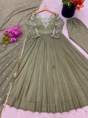 Olive green embroidered anarkali gown with dupatta - PARTY WEAR GOWN