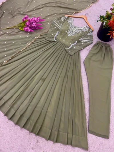 Olive green embroidered anarkali gown with dupatta - PARTY WEAR GOWN
