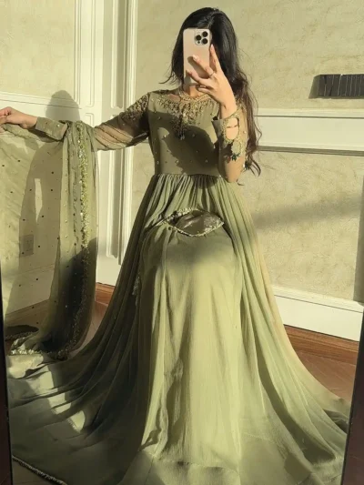 Olive green embroidered anarkali gown with dupatta - PARTY WEAR GOWN