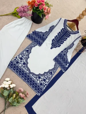 WHITE-BLUE-PRINTED - KURTA - PLAZZO-SET- Designer Designer Pakistani Style Ethnic Wear