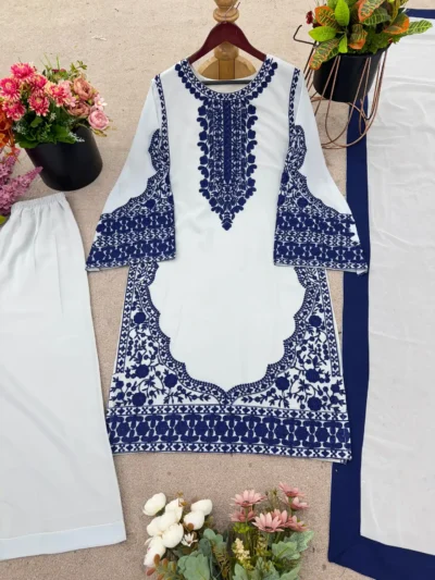 WHITE-BLUE-PRINTED - KURTA - PLAZZO-SET- Designer Designer Pakistani Style Ethnic Wear