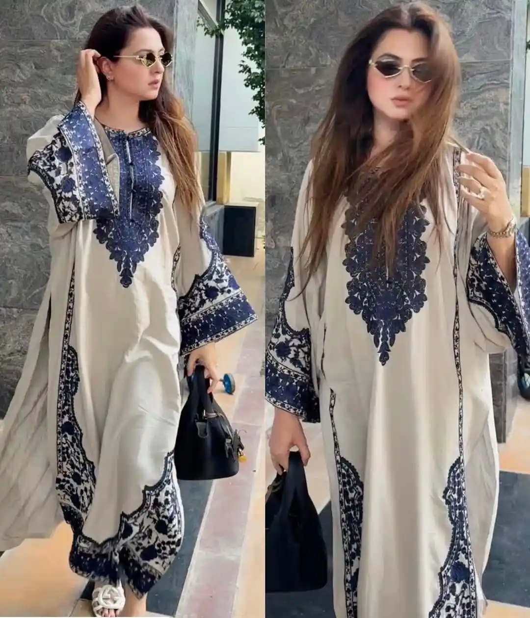 Designer Pakistani Style Ethnic Wear WHITE-BLUE-PRINTED - KURTA - PLAZZO-SET- Designer Designer Pakistani Style Ethnic Wear