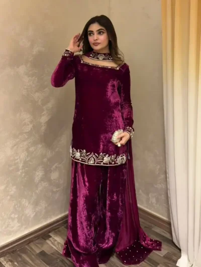 festive party wear ethnic outfit - Velvet Kurta Palazzo