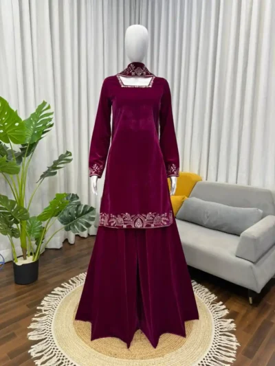 festive party wear ethnic outfit - Velvet Kurta Palazzo
