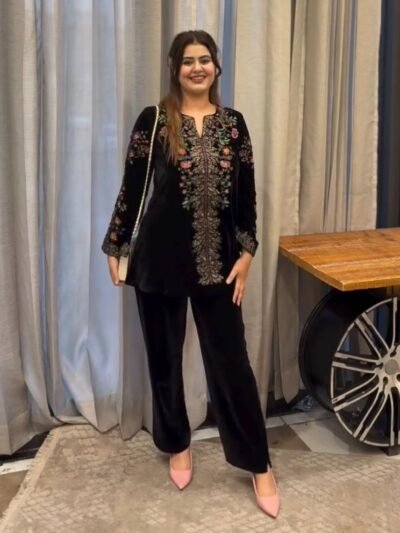 velvet embroidered kurti pant coord set for women with floral handwork, elegant designer ethnic wear outfit - Embroidered Velvet Kurti Pant Coord Set for Women