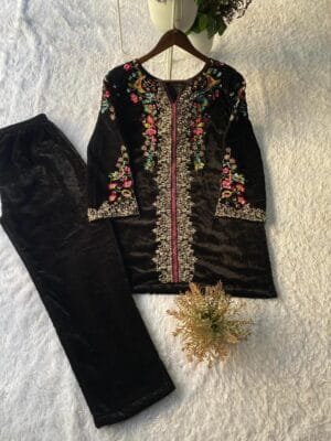 velvet embroidered kurti pant coord set for women with floral handwork, elegant designer ethnic wear outfit - Embroidered Velvet Kurti Pant Coord Set for Women