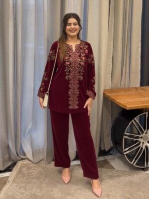 velvet embroidered kurti pant coord set for women with floral handwork, elegant designer ethnic wear outfit - Embroidered Velvet Kurti Pant Coord Set for Women