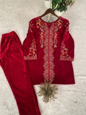 velvet embroidered kurti pant coord set for women with floral handwork, elegant designer ethnic wear outfit - Embroidered Velvet Kurti Pant Coord Set for Women
