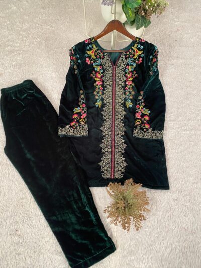 velvet embroidered kurti pant coord set for women with floral handwork, elegant designer ethnic wear outfit - Embroidered Velvet Kurti Pant Coord Set for Women