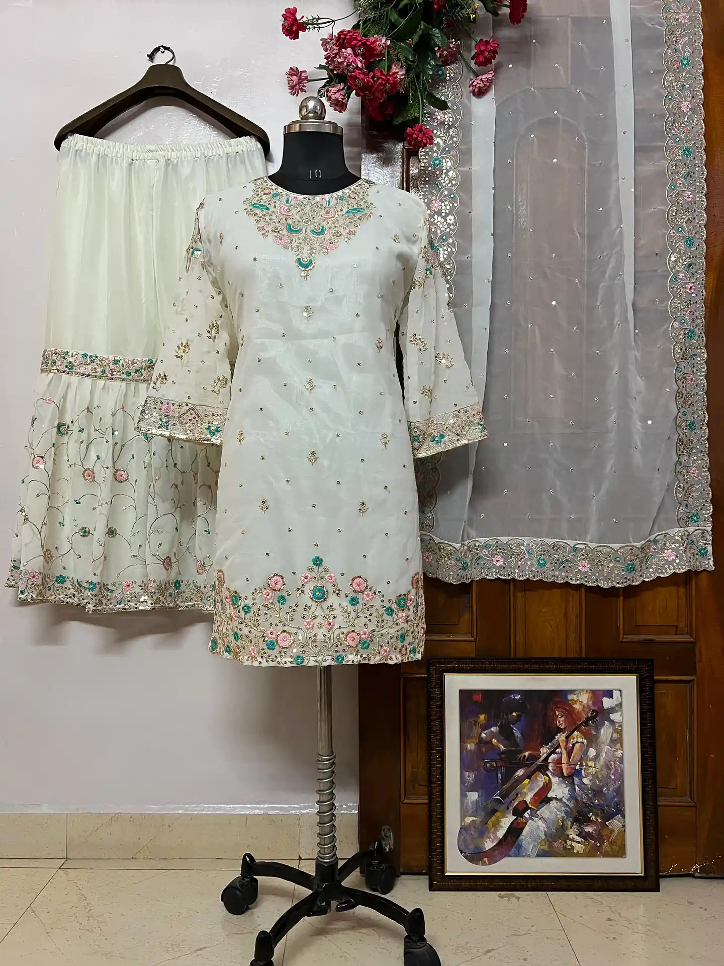 Designer Festive Wear for Women Off white embroidered sharara suit with kurti and dupatta, pastel floral handwork designer ethnic wear for women- Designer Festive Wear for Women