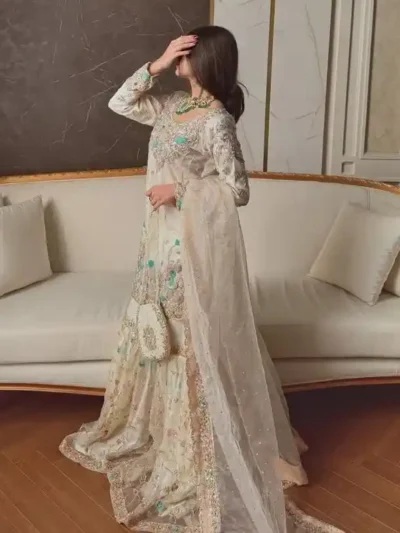 Off white embroidered sharara suit with kurti and dupatta, pastel floral handwork designer ethnic wear for women - Designer Festive Wear for Women