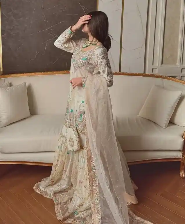 Designer Festive Wear for Women Off white embroidered sharara suit with kurti and dupatta, pastel floral handwork designer ethnic wear for women - Designer Festive Wear for Women