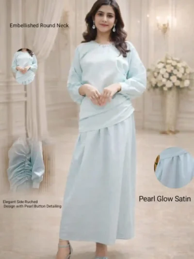 Light blue satin co-ord set for women with embellished round neck, side ruching and pearl button detailing – elegant party wear outfit” - Luxury Satin Dress Set for Women with Pearl Detailing | Formal Wear”