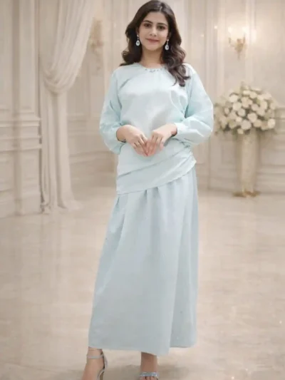 Light blue satin co-ord set for women with embellished round neck, side ruching and pearl button detailing – elegant party wear outfit” - Luxury Satin Dress Set for Women with Pearl Detailing | Formal Wear”