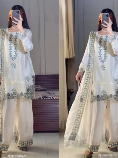 White Pakistani suit with farshi salwar, embroidered kurti and dupatta, elegant traditional outfit for women - Elegant White Embroidered Kurta Set with Farshi Salwar & Dupatta for Women