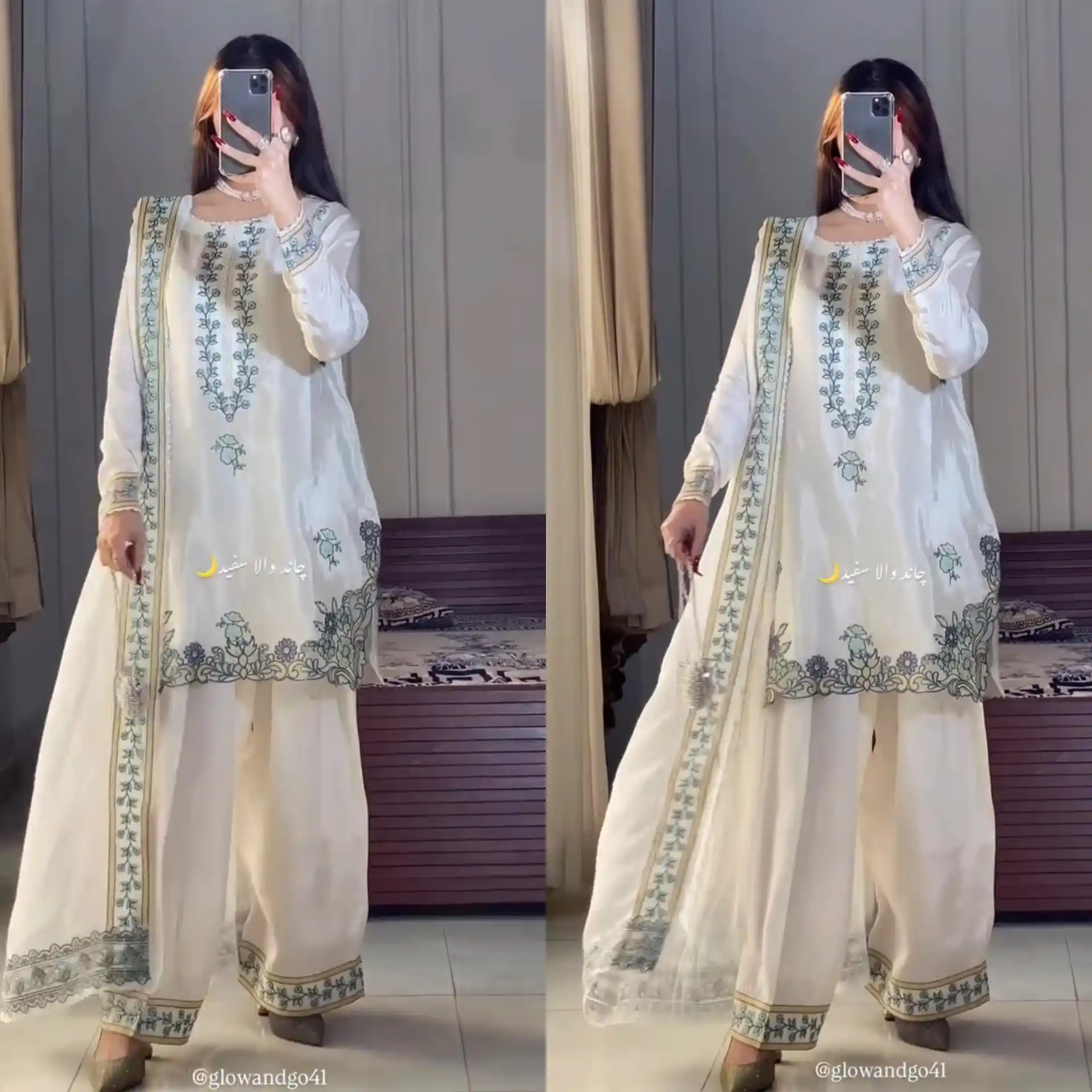 Elegant White Embroidered Kurta Set with Farshi Salwar & Dupatta for Women White Pakistani suit with farshi salwar, embroidered kurti and dupatta, elegant traditional outfit for women - Elegant White Embroidered Kurta Set with Farshi Salwar & Dupatta for Women