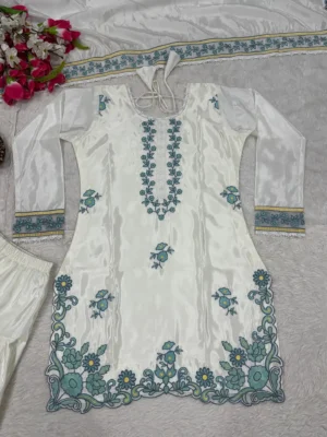 White Pakistani suit with farshi salwar, embroidered kurti and dupatta, elegant traditional outfit for women - Elegant White Embroidered Kurta Set with Farshi Salwar & Dupatta for Women
