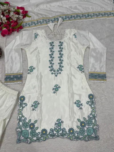 White Pakistani suit with farshi salwar, embroidered kurti and dupatta, elegant traditional outfit for women - Elegant White Embroidered Kurta Set with Farshi Salwar & Dupatta for Women