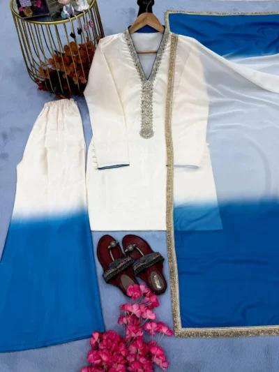 Embroidered Pakistani suit with Plazzo Pent and dupatta for women, designer ethnic wear - Embroidered Pakistani Suit with Plazzo Pent for Women