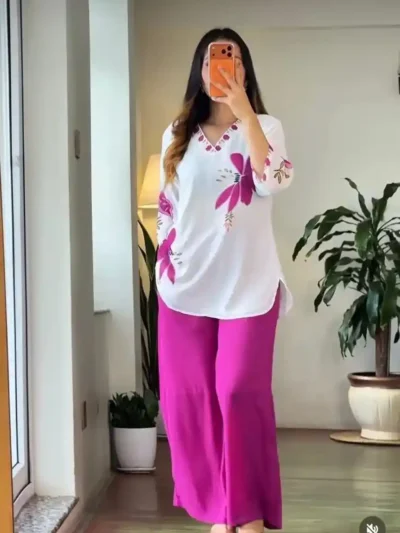 Women white printed mul cotton co-ord set with pink pants relaxed fit outfit - Festival Special Mul Cotton Co-Ord Set for Women | Stylish & Comfortable Outfit