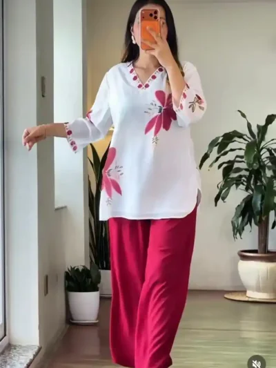 Women white floral mul cotton co-ord set with mustard pants casual comfortable outfit - Festival Special Mul Cotton Co-Ord Set for Women | Stylish & Comfortable Outfit