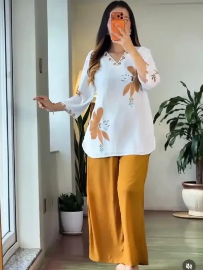 Women white floral mul cotton co-ord set with mustard pants casual comfortable outfit - Festival Special Mul Cotton Co-Ord Set for Women | Stylish & Comfortable Outfit