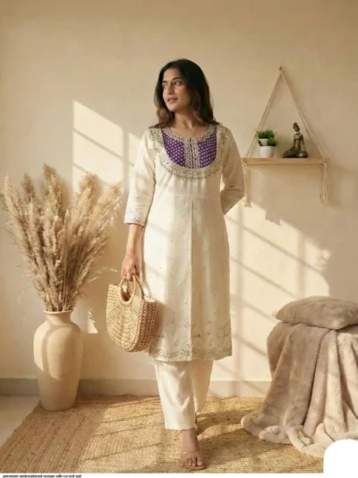 Cream embroidered kurta set for women with straight pants, elegant ethnic wear outfit for festive and casual look - Premium Cream Embroidered Kurta Set for Women | Elegant Ethnic Co-ord Set