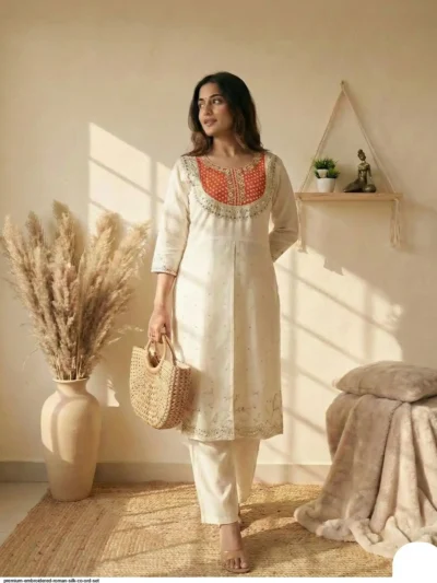 Cream embroidered kurta set for women with straight pants, elegant ethnic wear outfit for festive and casual look - Premium Cream Embroidered Kurta Set for Women | Elegant Ethnic Co-ord Set