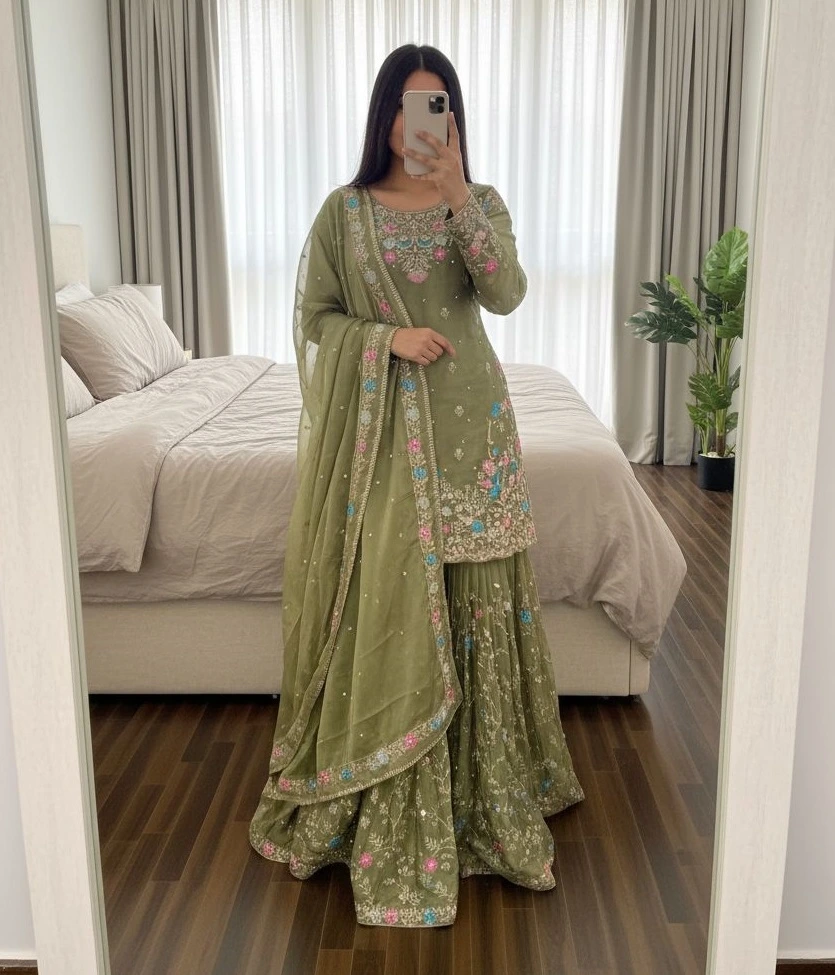 Women's Designer Sharara Suit Women's Elegent Designer Moti Work - Women's Designer Sharara Suit