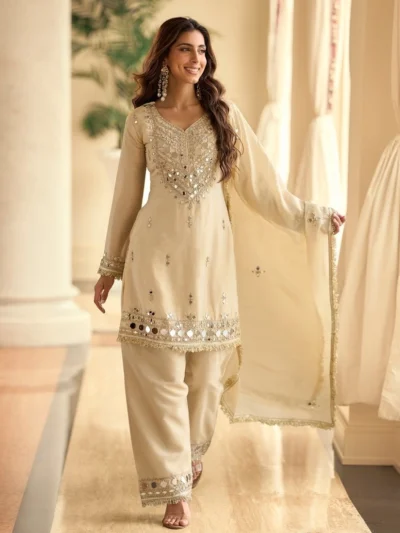 Real mirror work off -white suit - Women's Trendy Real mirror Work Suit