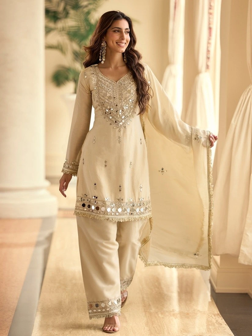 Women's Trendy Real mirror Work Suit Real mirror work off -white suit - Women's Trendy Real mirror Work Suit