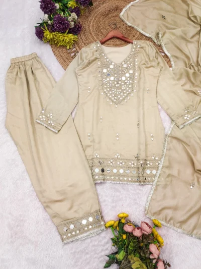 Real mirror work off -white suit - Women's Trendy Real mirror Work Suit