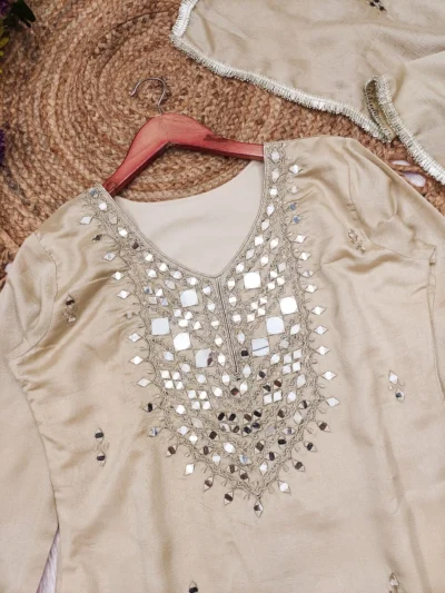 Real mirror work off -white suit - Women's Trendy Real mirror Work Suit