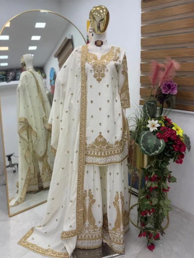 Premium Designer White Elegant Plazzo Suit - Designer White Elegant Plazzo Suit