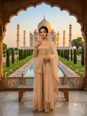 Elegant woman in a beige embroidered georgette short kurta sharara suit set with a matching net dupatta - Elegant Golden Sequin Indian Ethnic Wear for Weddings and Festivals