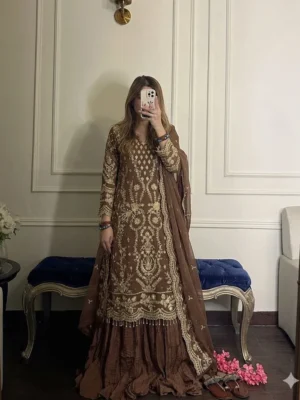Mauve Brown embroidered gharara set with gold bead work on the hemline - Premium Mauve Long Kurta and Crinkled Gharara Set with Dupatta