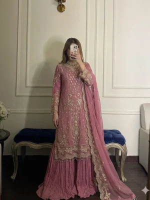 Mauve pink embroidered gharara set with gold bead work on the hemline - Premium Mauve Long Kurta and Crinkled Gharara Set withDupatta