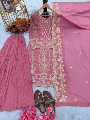 Mauve pink embroidered gharara set with gold bead work on the hemline - Premium Mauve Long Kurta and Crinkled Gharara Set with Dupatta