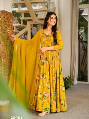 lucaya clora vol 20 yellow floral printed rayon anarkali suits