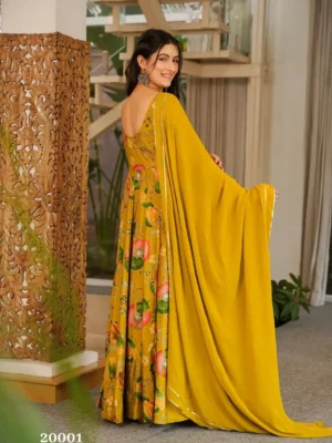 lucaya clora vol 20 yellow floral printed rayon anarkali suits