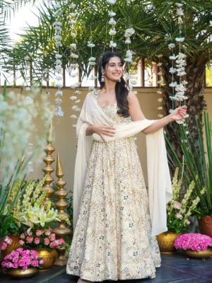 lucaya clora vol 20 yellow floral printed rayon anarkali suits