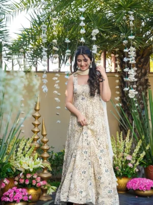 lucaya clora vol 20 yellow floral printed rayon anarkali suits