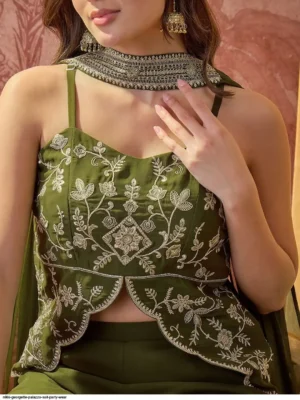 Elegant olive green embroidered crop top with wide-leg flowing palazzo trousers and a matching attached long cape dupatta for cocktail parties, Mehendi functions, and festive occasions - Women Olive Green Georgette Cording Embroidered Crop Top and Palazzo Co-Ord Set