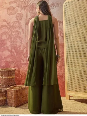Elegant olive green embroidered crop top with wide-leg flowing palazzo trousers and a matching attached long cape dupatta for cocktail parties, Mehendi functions, and festive occasions - Women Olive Green Georgette Cording Embroidered Crop Top and Palazzo Co-Ord Set