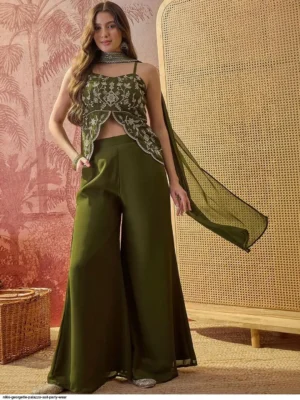 About new diva styles - Online Indian Ethnic Wear Clothing Store Elegant olive green embroidered crop top with wide-leg flowing palazzo trousers and a matching attached long cape dupatta for cocktail parties, Mehendi functions, and festive occasions - Women Olive Green Georgette Cording Embroidered Crop Top and Palazzo Co-Ord Set