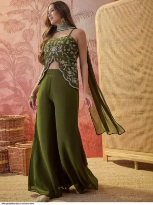 Elegant olive green embroidered crop top with wide-leg flowing palazzo trousers and a matching attached long cape dupatta for cocktail parties, Mehendi functions, and festive occasions - Women Olive Green Georgette Cording Embroidered Crop Top and Palazzo Co-Ord Set