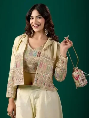 Off-white nylon tissue embroidered party wear co-ord set for women featuring a stitched crop top, matching wide-leg palazzo pants, and an intricate gold embroidered jacket.- off white stitched naylon tissue embroidered party wear