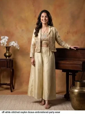 Off-white nylon tissue embroidered party wear co-ord set for women featuring a stitched crop top, matching wide-leg palazzo pants, and an intricate gold embroidered jacket.- off white stitched naylon tissue embroidered party wear