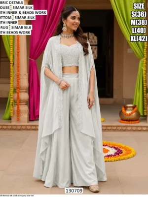 shimmar silk beads work party wear suit off white - Women's Trendy 3 Piece party wear